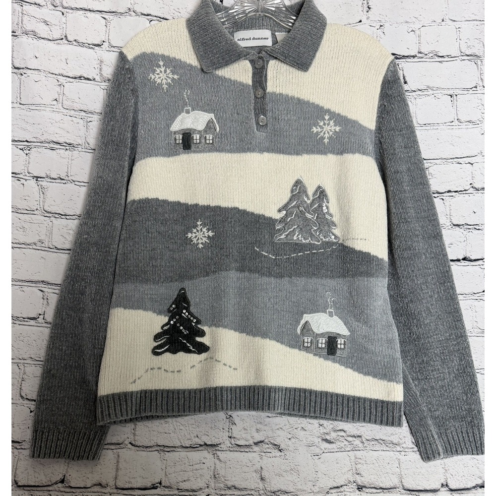 Alfred Dunner S Chenille Gray White Christmas Holiday Tree Snowflake Sweater